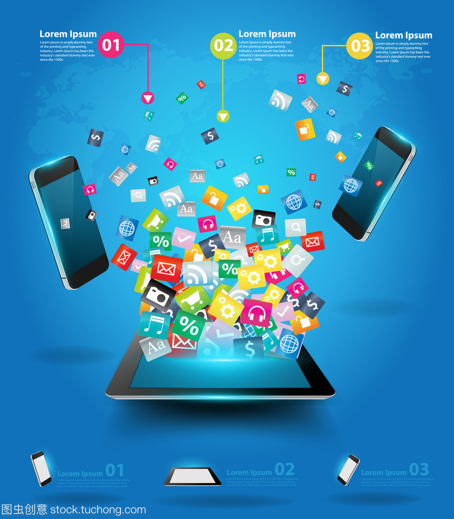 創(chuàng)意平板電腦與手機(jī)云的豐富多彩的應(yīng)用程序圖標(biāo) 計(jì)算機(jī)網(wǎng)絡(luò)應(yīng)用軟件